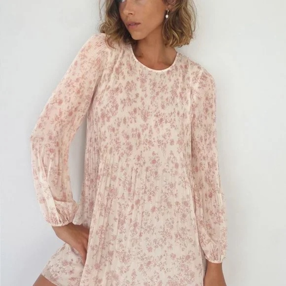 Wilfred Blush Floral Pleated Long-Sleeve Mini Dress